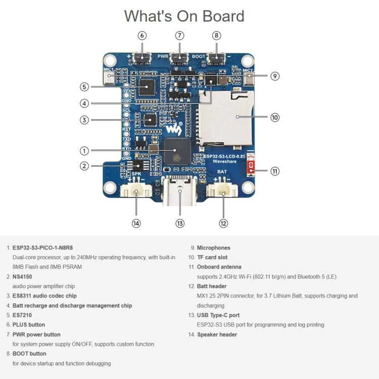 Scheda sviluppo Waveshare ESP32-S3 con display LCD 0,85"