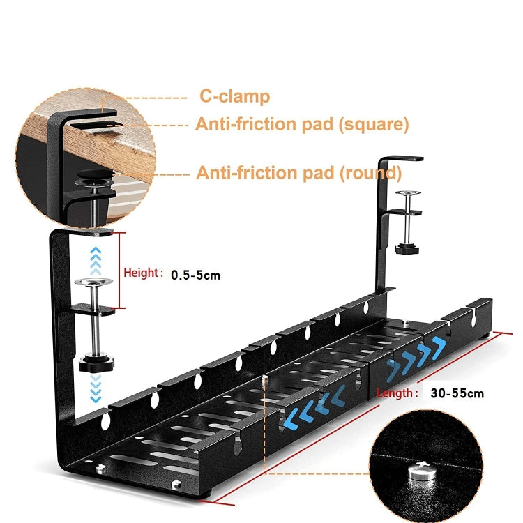 Vassoio per la gestione dei cavi estensibile sotto la scrivania, organizer per cavi in acciaio al carbonio, Stretchable Black, Stretchable 30.5-55CM