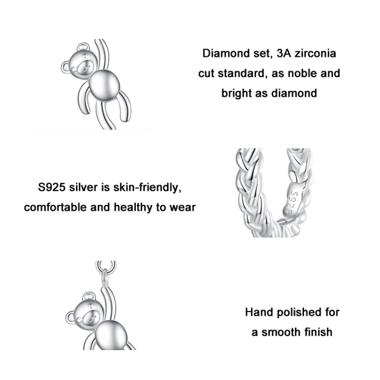 S925 Sterling Silver Bear Twist Orecchini animali placcati in oro bianco, BSE729