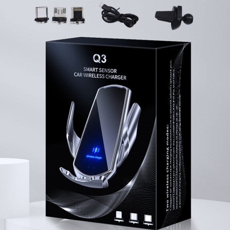 Q3 Staffa per telefono di ricarica wireless per auto magnetica a induzione a infrarossi con connettore magnetico Micro USB + 8 pin + Type-C / USB-C, Q3 Black, Q3 Gold, Q3 Silver, Q3 Blue, Q3 Red