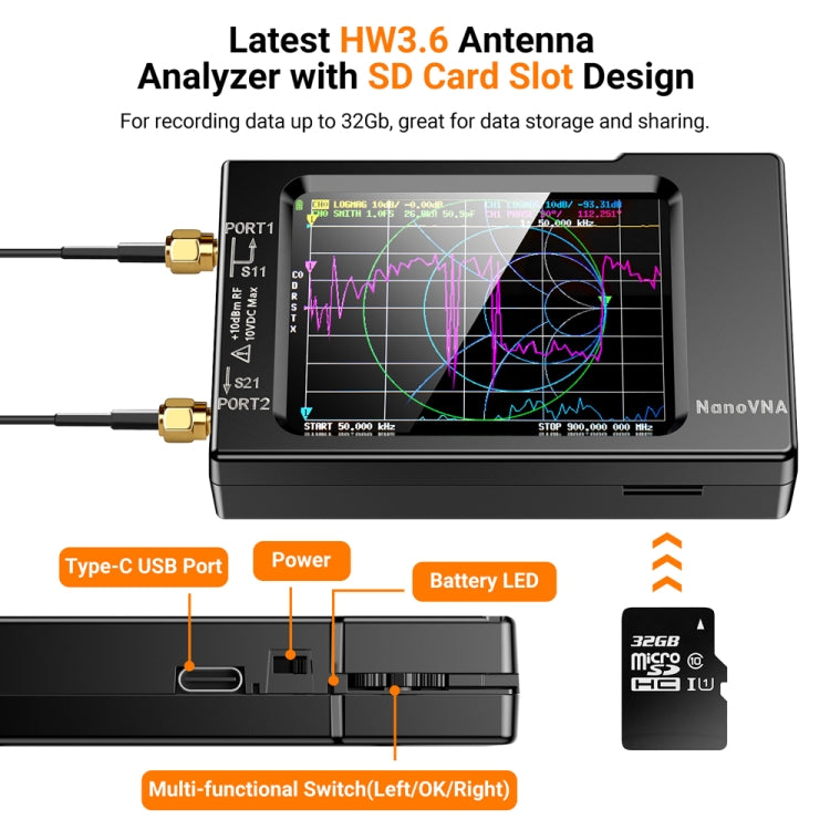NanoVNA-H Analizzatore antenna 50KHz-1.5GHz TFT 2,8 pollici