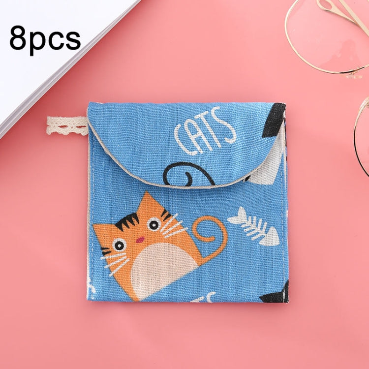 8pcs cotone e lino assorbente sacchetto di immagazzinaggio pratica pochette, Gray Camel, Lucky Cat, Leaves, Blue Cat, Turtle, Elephant, Block, Waves, Owl, Black Tree, Black -bottomed White Tree