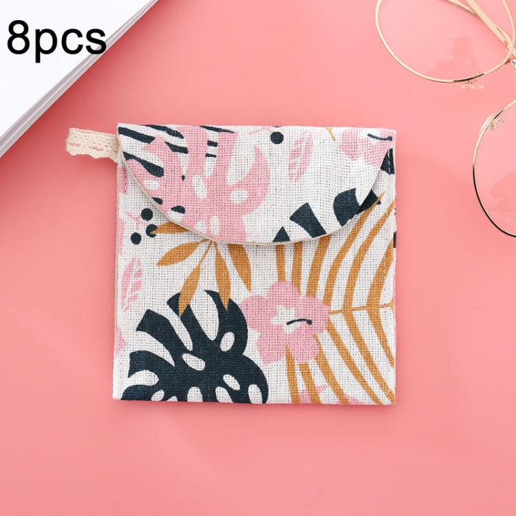 8pcs cotone e lino assorbente sacchetto di immagazzinaggio pratica pochette, Gray Camel, Lucky Cat, Leaves, Blue Cat, Turtle, Elephant, Block, Waves, Owl, Black Tree, Black -bottomed White Tree