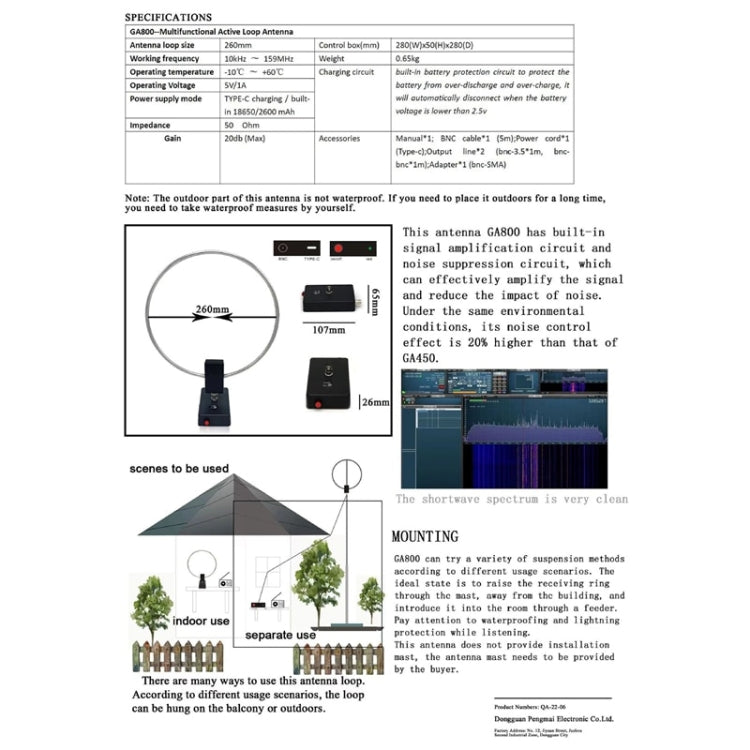 Antenna radio a onde corte GA800 10KHz-159MHZ HF con antenna a forma di anello sorgente