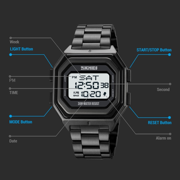SKMEI 1875 Orologio elettronico da esterno da uomo con cronometraggio multifunzione, stile:, 1875 Steel Band Black Machine, 1875 Silicone Band White Machine, 1875 Silicone Band Black Machine, 1875 Steel Band White Machine