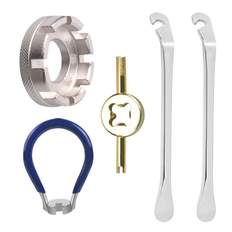 Set di chiavi per raggi per mountain bike in acciaio al cromo molibdeno, Silver 8 Port+Spoke Wrench, 4pcs/set Spoke Tools, Wrench+Spoke Wrench+Valve Core Lock+2 Tire Lever, Red Wrench+Silver 8 Port+Wrench, Blue Wrench+Silver 8 Port+Wrench              ...
