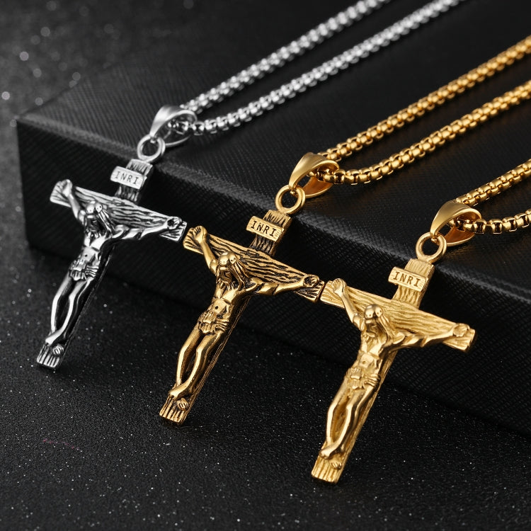 OPK 810 Collana con pendente da uomo in acciaio al titanio con telaio a croce retrò, [Gold Black Pendant, Steel Color+3x55cm Pearl Chain, Gold+3x55cm Pearl Chain, Gold Black+3x55cm Pearl Chain, Steel Color Pendant, Gold Pendant