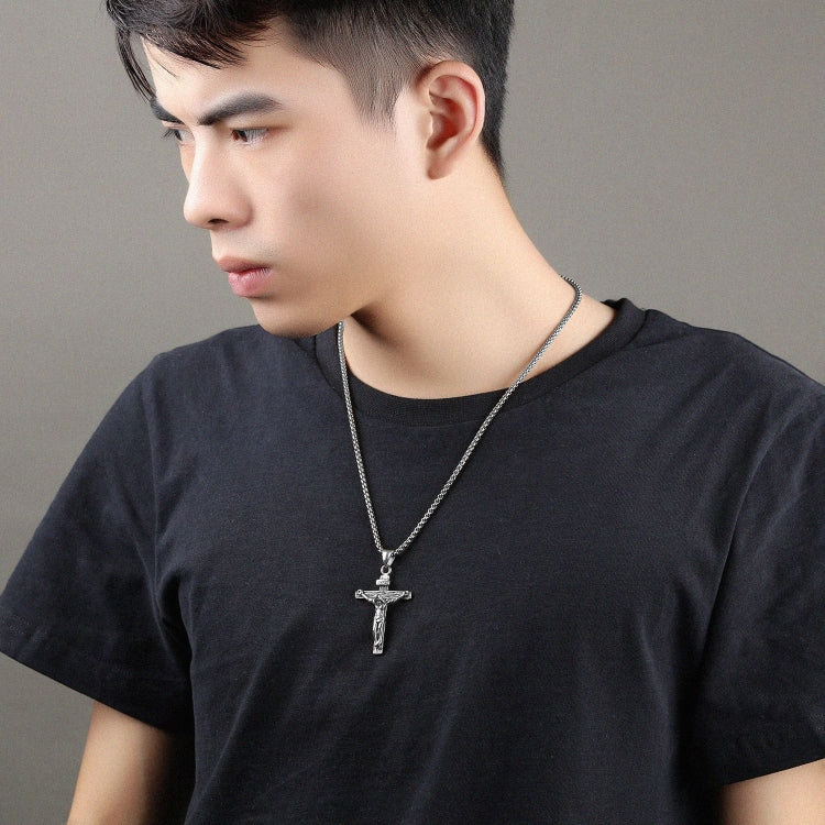 OPK 810 Collana con pendente da uomo in acciaio al titanio con telaio a croce retrò, [Gold Black Pendant, Steel Color+3x55cm Pearl Chain, Gold+3x55cm Pearl Chain, Gold Black+3x55cm Pearl Chain, Steel Color Pendant, Gold Pendant