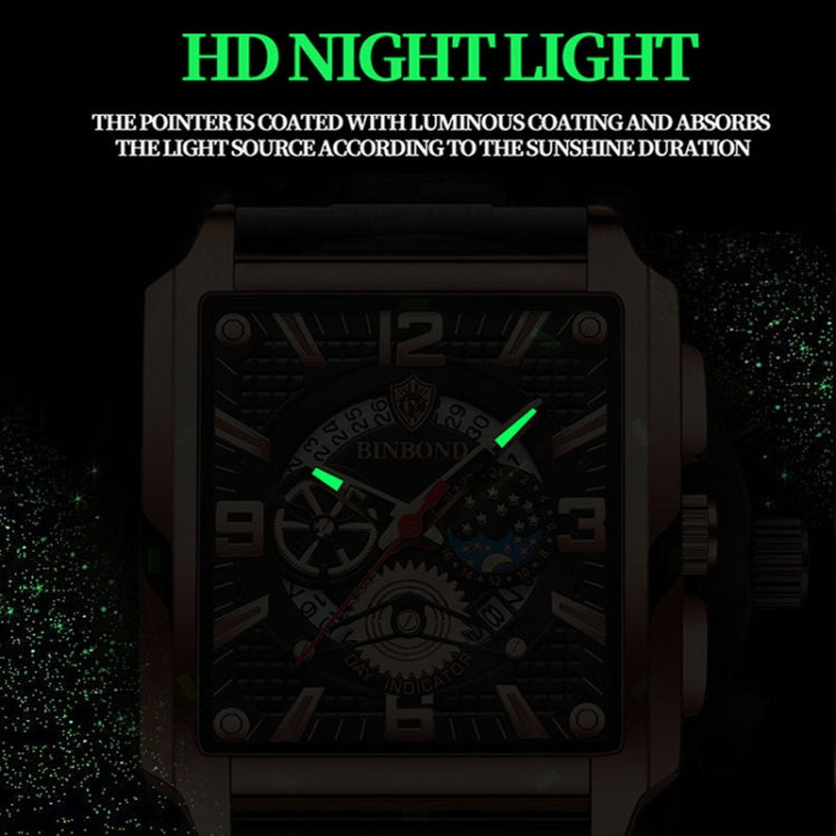 BINBONG B6575 Orologio da uomo al quarzo luminoso impermeabile multifunzionale quadrato vintage, Black-Rose Gold-Black-Rose, Black-Black-Black-White, Black-Black-Black-Rose, Full Gold-Black, White-Black, White-White, Brown Leather-Rose Gold-Black      ...