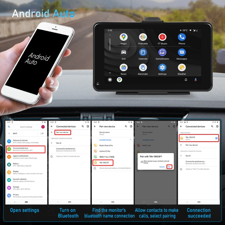 A3135 Schermo intelligente cablato HD da 7 pollici con CarPlay wireless + Android Auto + Android, Without Camera, With Camera