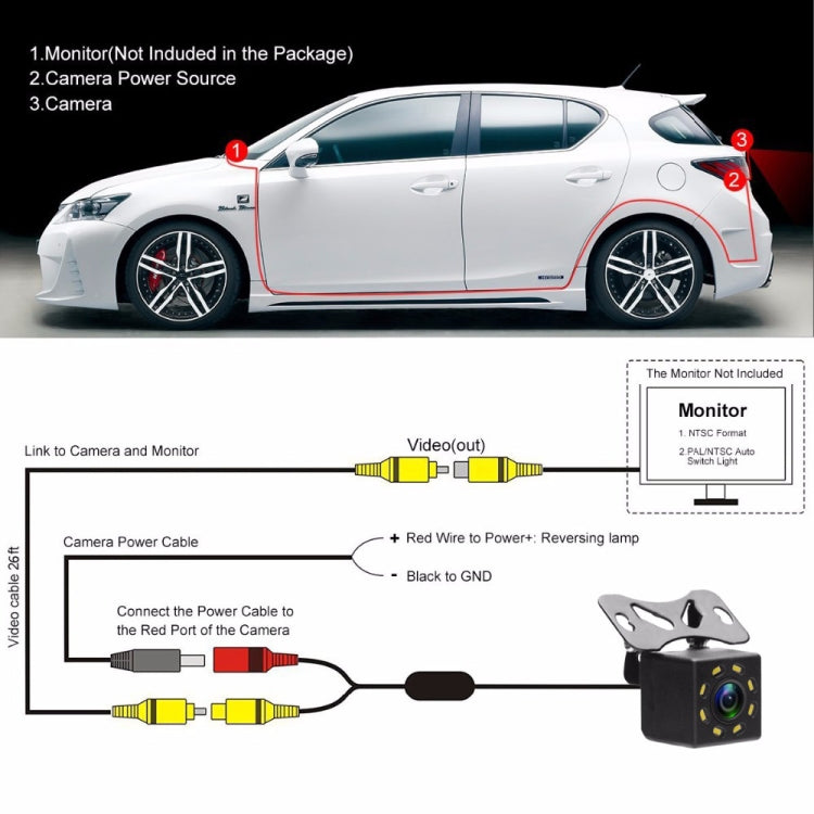 R0003 Videocamera per retromarcia esterna con luce di riempimento a LED Videocamera per auto CCD con visione notturna HD, 8 LED Lamp P System, 8 LED Lamp N System, 12 LED Lamp P System, 12 LED Lamp N System