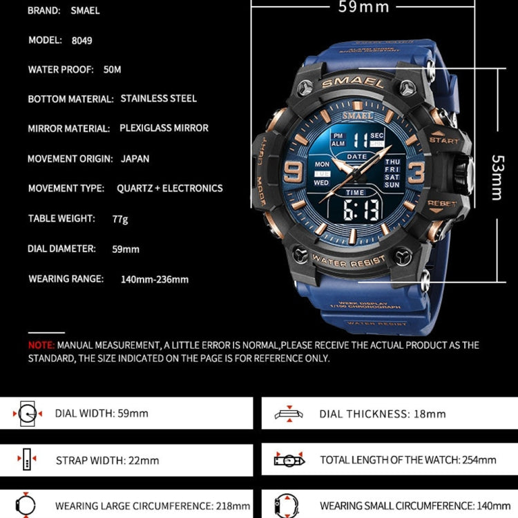 SMAEL 8049 Orologio sportivo impermeabile da uomo Orologio elettronico multifunzione con luce notturna