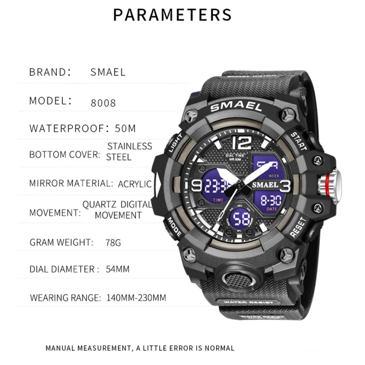 SMAEL 8008 Orologio da uomo luminoso impermeabile multifunzionale per sport all'aria aperta, Red, Black, Orange, Fluorescent Green, Deep Blue, Grass Green, Black Gold, Rose Gold, Black Blue