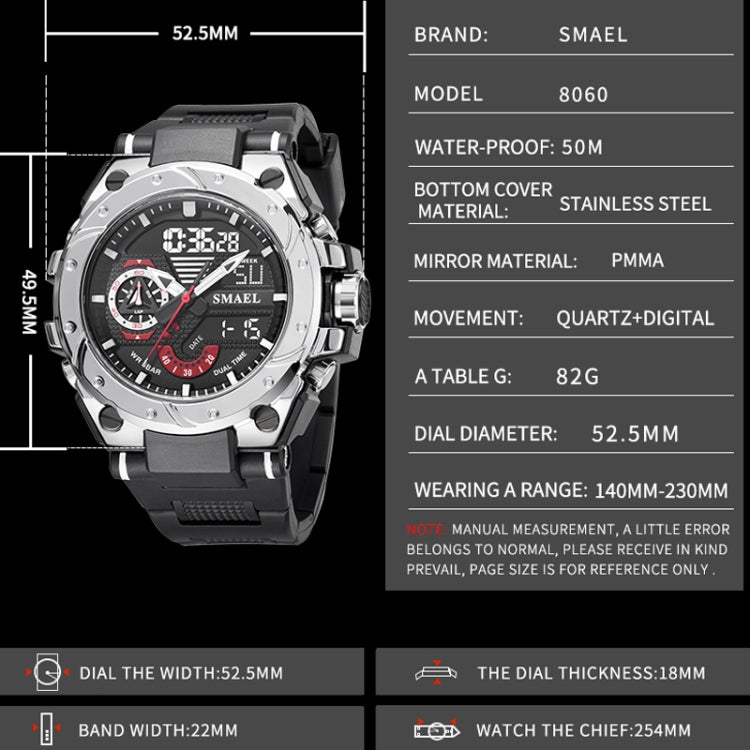 SMAEL 8060 Orologio da uomo sportivo in lega impermeabile con display luminoso Orologio a specchio HD
