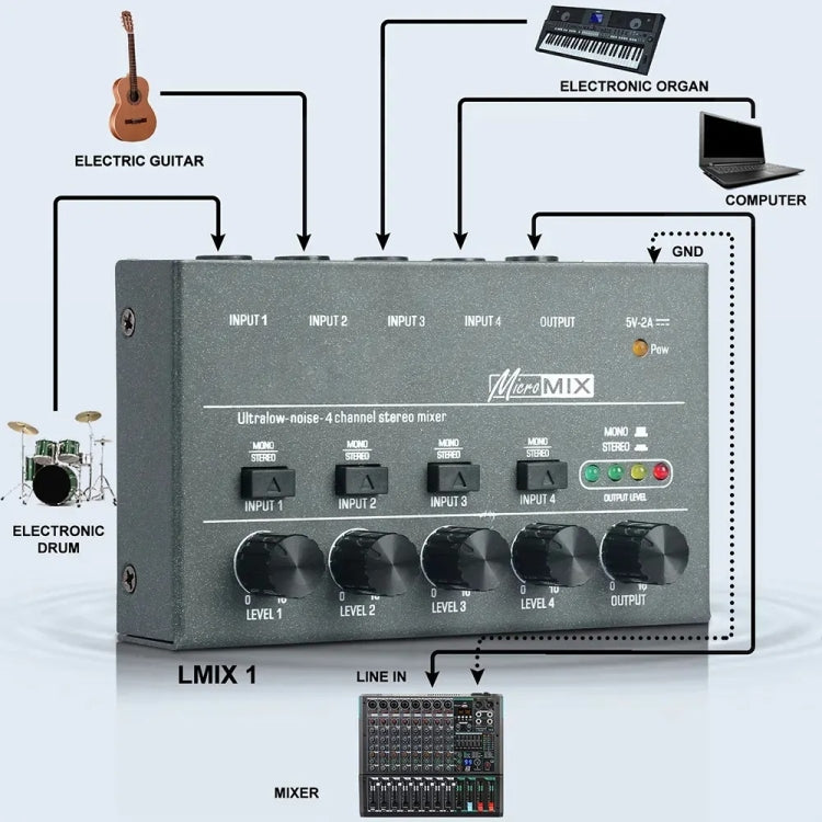 Mixer audio 4/6 vie con ingresso 6,35 mm in metallo