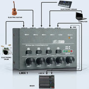 Mixer audio 4/6 vie con ingresso 6,35 mm in metallo