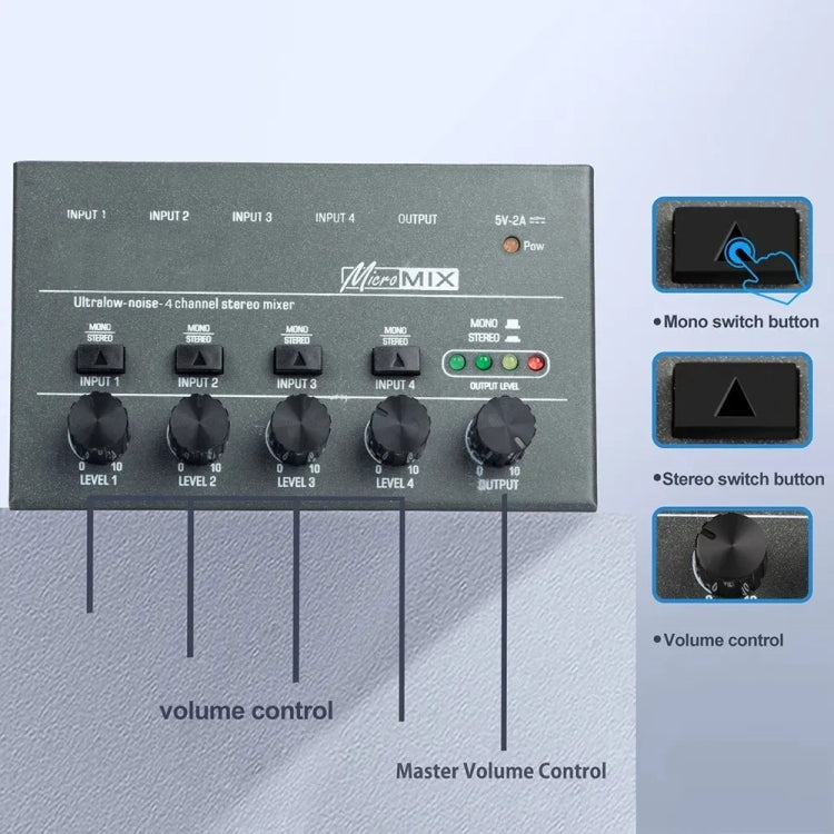 Mixer audio 4/6 vie con ingresso 6,35 mm in metallo