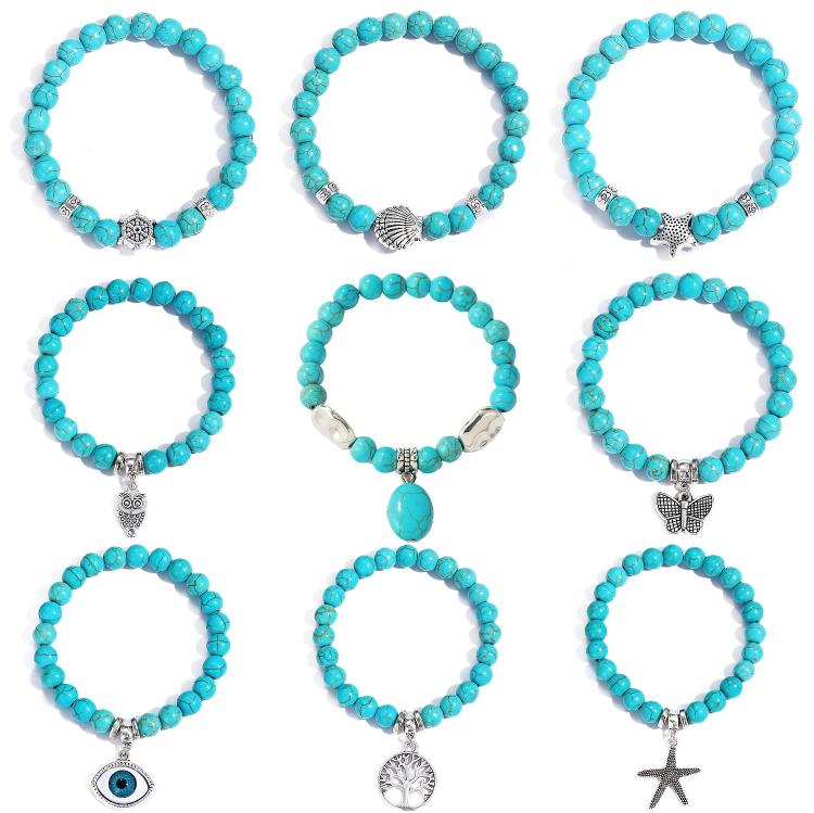 Bracciale con perline da donna Turchese Stile etnico Gioielli con ciondoli, S2208-2 Owl, S2208-3 Butterfly, S2208-4 Sea Star, S2208-5 Life Tree, S2208-1 Eyes, S2203-12 Cross, S2203-13 Turquoise Pendant, S2212-1 Eyes, S2303-1, S2303-2 Turtles           ...