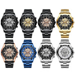 BINBOND S033 Orologio meccanico al quarzo luminoso impermeabile 30 m scavato, Black Steel-Black-White, Black Steel-Black-Gold, Black Steel-Black-Rose Gold, Full Gold-Black-Gold, Black Steel-Rose Gold-Black, Blue Steel-Blue, White Steel-Black           ...
