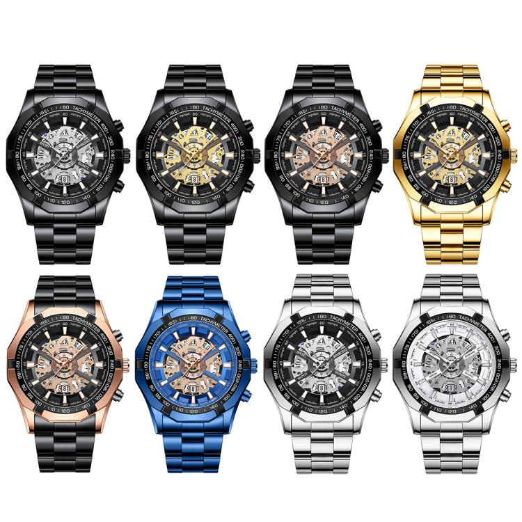 BINBOND S033 Orologio meccanico al quarzo luminoso impermeabile 30 m scavato, Black Steel-Black-White, Black Steel-Black-Gold, Black Steel-Black-Rose Gold, Full Gold-Black-Gold, Black Steel-Rose Gold-Black, Blue Steel-Blue, White Steel-Black           ...