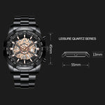 BINBOND S033 Orologio meccanico al quarzo luminoso impermeabile 30 m scavato, Black Steel-Black-White, Black Steel-Black-Gold, Black Steel-Black-Rose Gold, Full Gold-Black-Gold, Black Steel-Rose Gold-Black, Blue Steel-Blue, White Steel-Black           ...