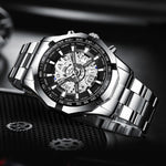 BINBOND S033 Orologio meccanico al quarzo luminoso impermeabile 30 m scavato, Black Steel-Black-White, Black Steel-Black-Gold, Black Steel-Black-Rose Gold, Full Gold-Black-Gold, Black Steel-Rose Gold-Black, Blue Steel-Blue, White Steel-Black           ...