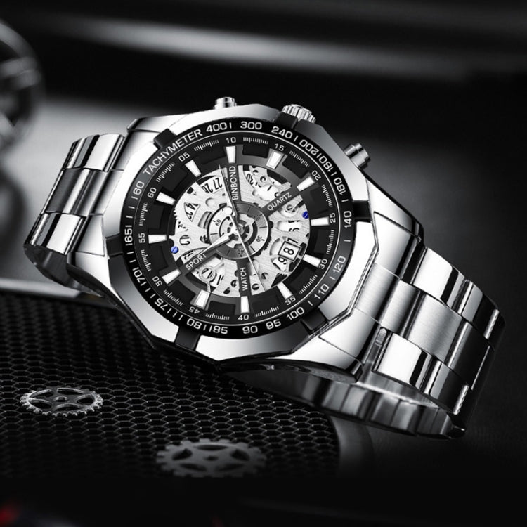 BINBOND S033 Orologio meccanico al quarzo luminoso impermeabile 30 m scavato, Black Steel-Black-White, Black Steel-Black-Gold, Black Steel-Black-Rose Gold, Full Gold-Black-Gold, Black Steel-Rose Gold-Black, Blue Steel-Blue, White Steel-Black           ...