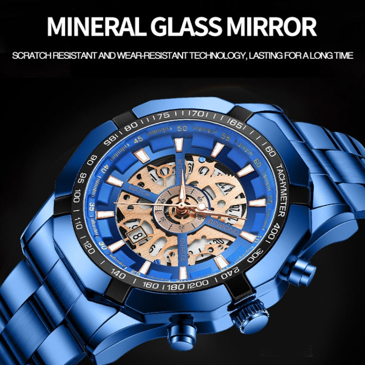 BINBOND S033 Orologio meccanico al quarzo luminoso impermeabile 30 m scavato, Black Steel-Black-White, Black Steel-Black-Gold, Black Steel-Black-Rose Gold, Full Gold-Black-Gold, Black Steel-Rose Gold-Black, Blue Steel-Blue, White Steel-Black           ...