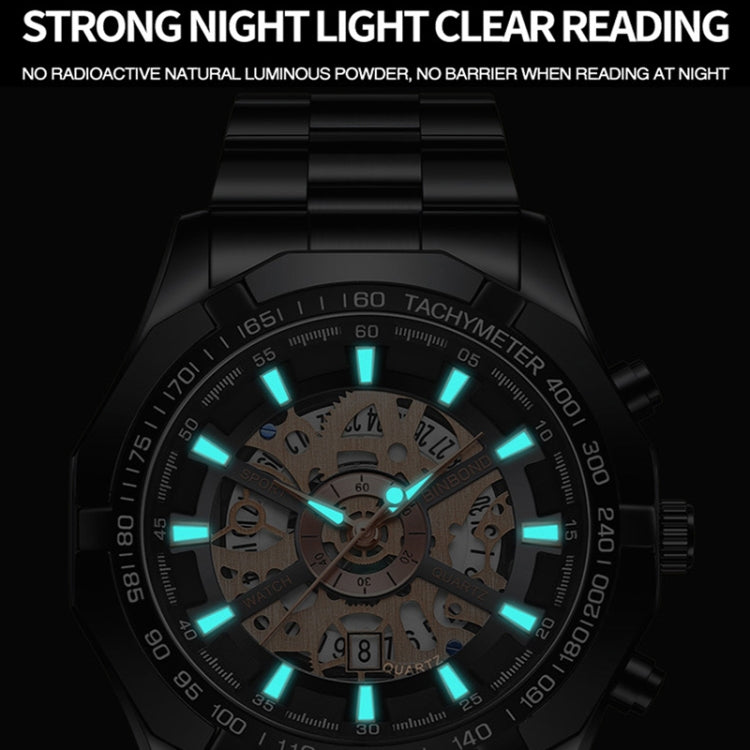BINBOND S033 Orologio meccanico al quarzo luminoso impermeabile 30 m scavato, Black Steel-Black-White, Black Steel-Black-Gold, Black Steel-Black-Rose Gold, Full Gold-Black-Gold, Black Steel-Rose Gold-Black, Blue Steel-Blue, White Steel-Black           ...