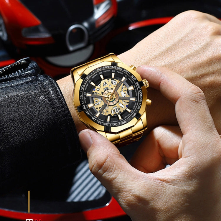BINBOND S033 Orologio meccanico al quarzo luminoso impermeabile 30 m scavato, Black Steel-Black-White, Black Steel-Black-Gold, Black Steel-Black-Rose Gold, Full Gold-Black-Gold, Black Steel-Rose Gold-Black, Blue Steel-Blue, White Steel-Black           ...