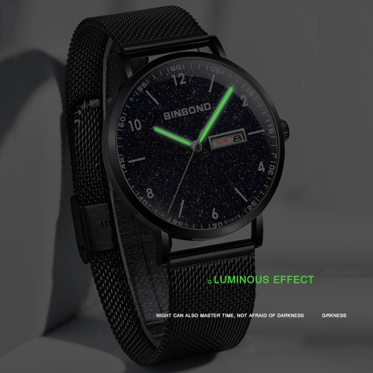 BINBOND B3820 Orologio stellato luminoso al quarzo ultrasottile impermeabile 30M, Black Net-Black-Starry, White Net-White-Starry, Black Leather-Black-Starry, Black Leather-White-Starry, Black Net-Rose Gold-Starry, Black Leather-Rose Gold-Starry        ...