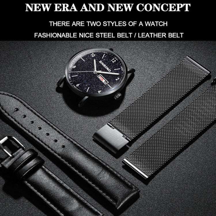 BINBOND B3820 Orologio stellato luminoso al quarzo ultrasottile impermeabile 30M, Black Net-Black-Starry, White Net-White-Starry, Black Leather-Black-Starry, Black Leather-White-Starry, Black Net-Rose Gold-Starry, Black Leather-Rose Gold-Starry        ...