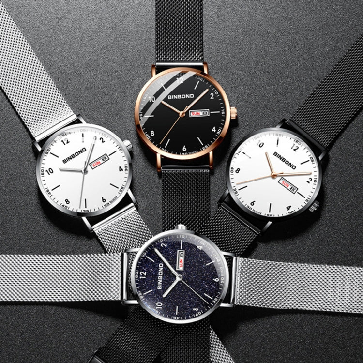 BINBOND B3820 Orologio stellato luminoso al quarzo ultrasottile impermeabile 30M, Black Net-Black-Starry, White Net-White-Starry, Black Leather-Black-Starry, Black Leather-White-Starry, Black Net-Rose Gold-Starry, Black Leather-Rose Gold-Starry        ...