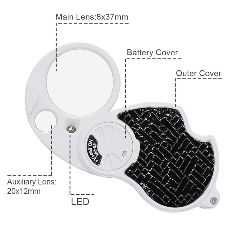 Lente d'ingrandimento pieghevole doppia lente 8X 20X con LED