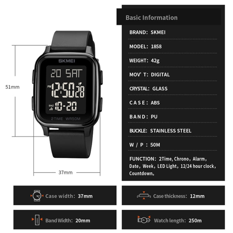 SKMEI 1858 Orologio luminoso a LED con doppio display digitale impermeabile quadrato, 1858 Red, 1858 Blue, 1858 Black, 1858 Rose Gold
