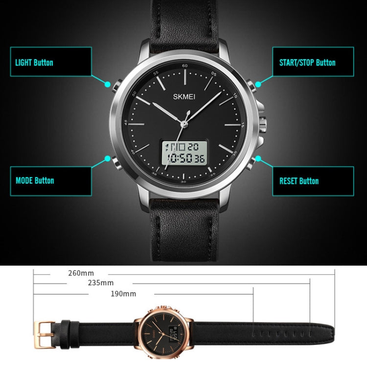 SKMEI 1652 Orologio da uomo in lega di pelle sportiva a doppio movimento, Rose Gold Shell White Machine, Rose Gold Shell Black Machine, Gold Shell White Machine, Gold Shell Black Machine, Black Shell White Machine, Black Shell Black Machine            ...