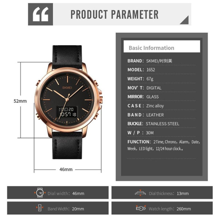 SKMEI 1652 Orologio da uomo in lega di pelle sportiva a doppio movimento, Rose Gold Shell White Machine, Rose Gold Shell Black Machine, Gold Shell White Machine, Gold Shell Black Machine, Black Shell White Machine, Black Shell Black Machine            ...
