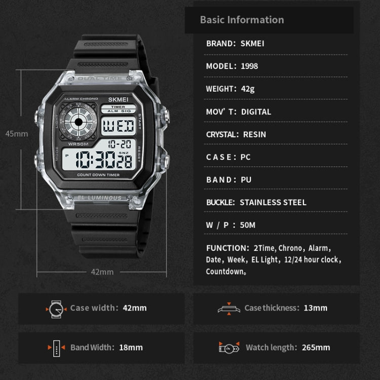 SKMEI 1998 Orologio multifunzione impermeabile con sensore di ghiaccio a conchiglia trasparente per sport all'aria aperta, 1998 Blue, 1998 White, 1998 Purple, 1998 Black