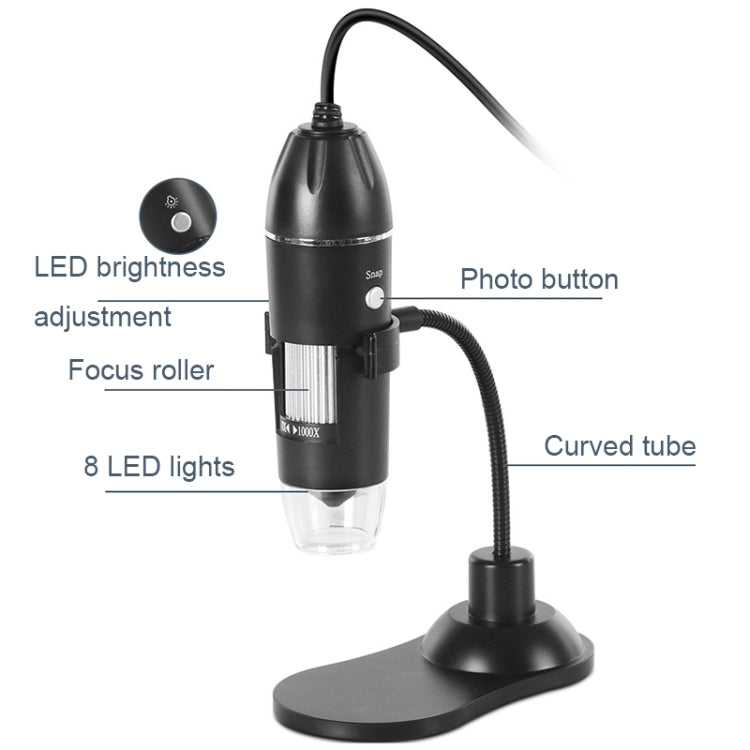 Microscopio portatile portatile con luce a LED con supporto per tubo USB A8 50X-1000X, A8 50X-1000X