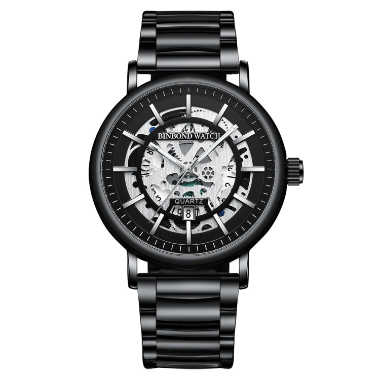 BINBOND B7872 Orologio al quarzo impermeabile luminoso cavo multifunzionale, Black Steel-Black-White, White Steel-Black-White, Full-gold-Black-Gold, Black Leather-Black-Black, Black Leather-White-Black, Black Leather-Full-gold-Black