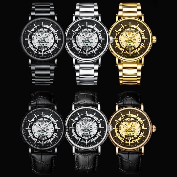 BINBOND B7872 Orologio al quarzo impermeabile luminoso cavo multifunzionale, Black Steel-Black-White, White Steel-Black-White, Full-gold-Black-Gold, Black Leather-Black-Black, Black Leather-White-Black, Black Leather-Full-gold-Black