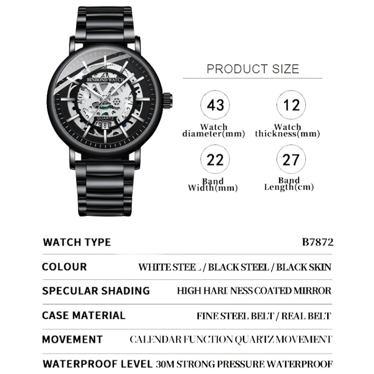 BINBOND B7872 Orologio al quarzo impermeabile luminoso cavo multifunzionale, Black Steel-Black-White, White Steel-Black-White, Full-gold-Black-Gold, Black Leather-Black-Black, Black Leather-White-Black, Black Leather-Full-gold-Black