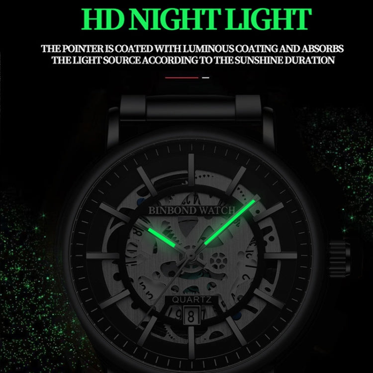 BINBOND B7872 Orologio al quarzo impermeabile luminoso cavo multifunzionale, Black Steel-Black-White, White Steel-Black-White, Full-gold-Black-Gold, Black Leather-Black-Black, Black Leather-White-Black, Black Leather-Full-gold-Black