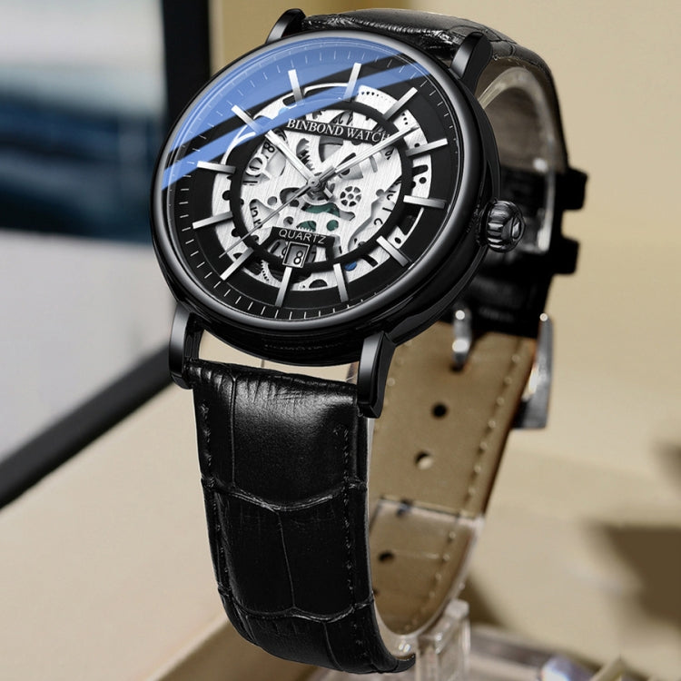 BINBOND B7872 Orologio al quarzo impermeabile luminoso cavo multifunzionale, Black Steel-Black-White, White Steel-Black-White, Full-gold-Black-Gold, Black Leather-Black-Black, Black Leather-White-Black, Black Leather-Full-gold-Black