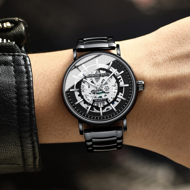 BINBOND B7872 Orologio al quarzo impermeabile luminoso cavo multifunzionale, Black Steel-Black-White, White Steel-Black-White, Full-gold-Black-Gold, Black Leather-Black-Black, Black Leather-White-Black, Black Leather-Full-gold-Black
