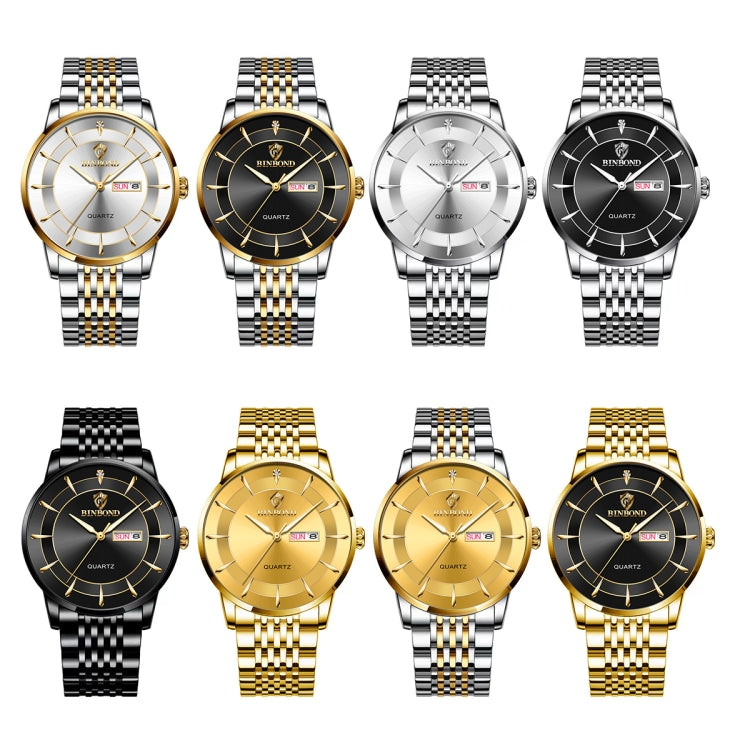 BINBOND B2077 30M Orologio al quarzo impermeabile luminoso Orologio con cinturino in acciaio da uomo con fibbia a farfalla