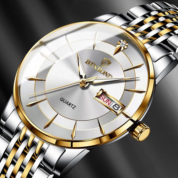 BINBOND B2077 30M Orologio al quarzo impermeabile luminoso Orologio con cinturino in acciaio da uomo con fibbia a farfalla