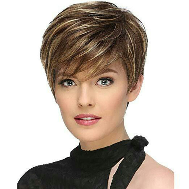 WIG-305 Parrucca di seta femminile ad alta temperatura Frangia obliqua Capelli corti Copricapo in fibra chimica, WIG-305
