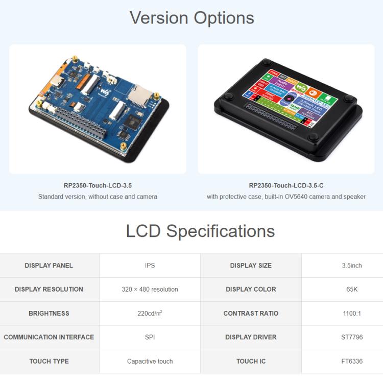 Scheda di sviluppo dual-core Waveshare RP2350 con display LCD da 3,5 pollici a 65.000 colori e risoluzione 320x480., Standard Ver, With Case and OV5640 camera