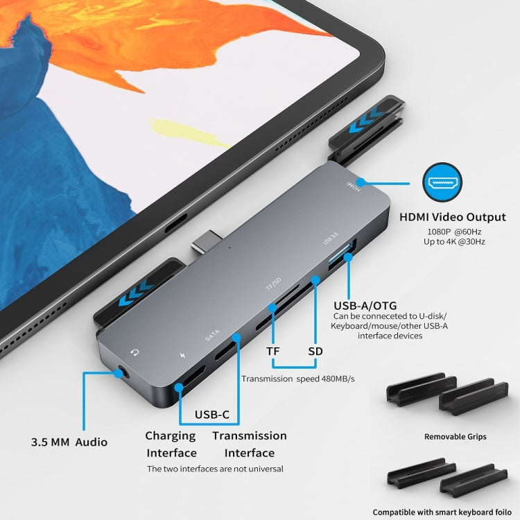 Per iPad Pro 7-in-1 HDMI 4K + audio da 3,5 mm + SD/TF+ 1 USB 3.0 + USB-C/tipo-C + docking station USB-C PD, For IPad Pro 7-In-1